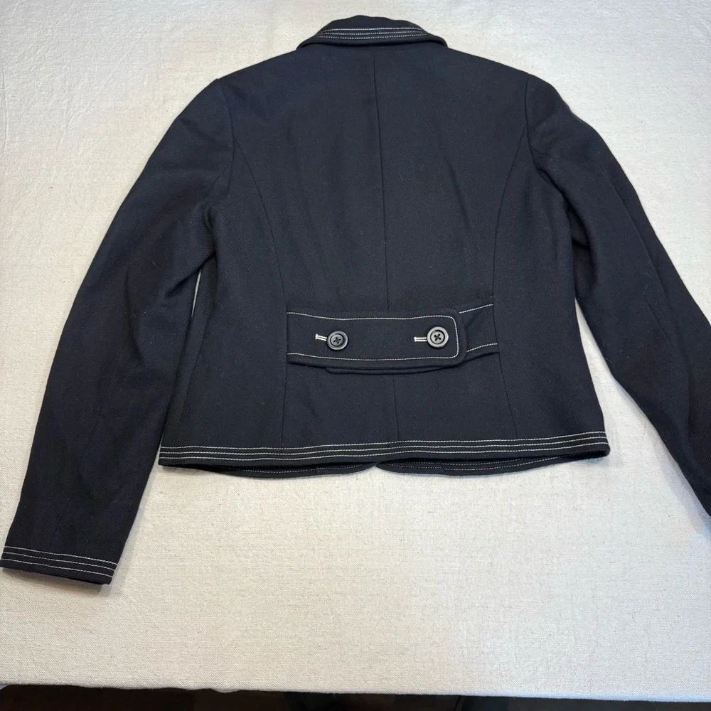 GAP Jacket Black Wool Blend Collared White Stitch Trim Pockets Lined Size Med - Picture 13 of 16